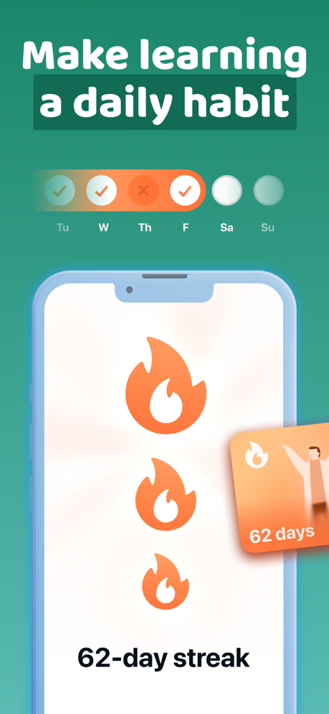 Xeropan: Learn languages - Interfaz de la aplicación Xeropan que muestra una racha de aprendizaje de 62 días y un rastreador de hábitos diarios
