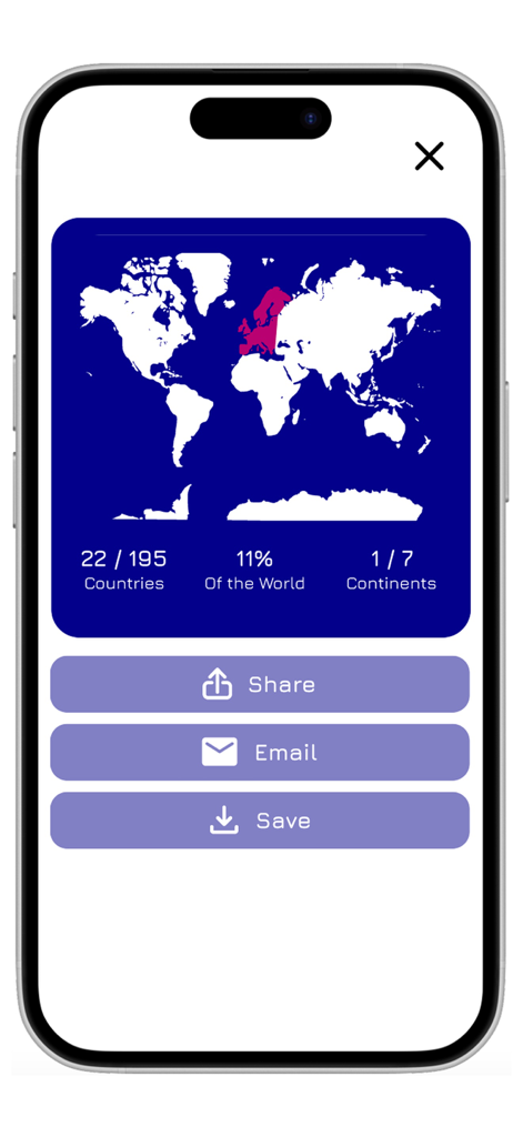 My World | Travel Map - A digital travel map display showing statistics of 22 countries visited which is 11 percent of the world with options to share email or save