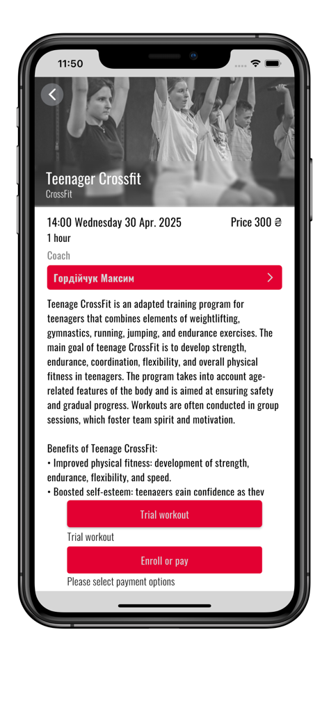 Viper Gym - Pantalla de detalles e inscripción para una clase de CrossFit para adolescentes en la app Viper Gym.
