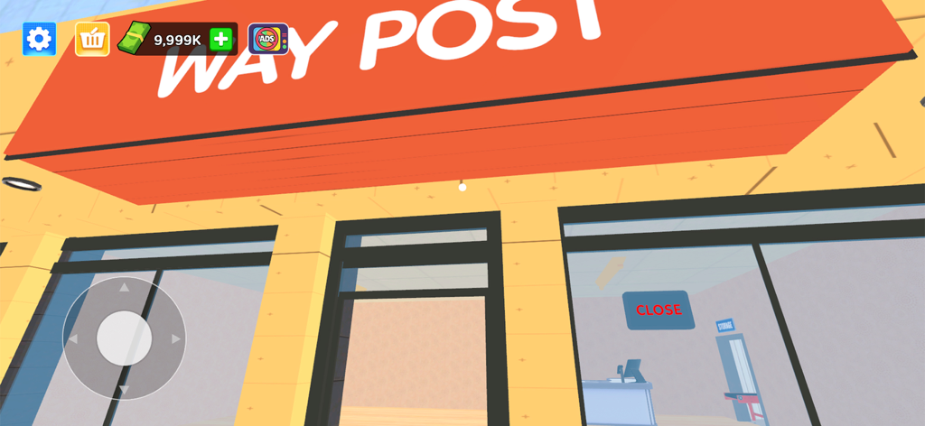 Pack My Orders - Exterior view of the Way Post shop in the Pack My Orders mobile game showing a red storefront awning.