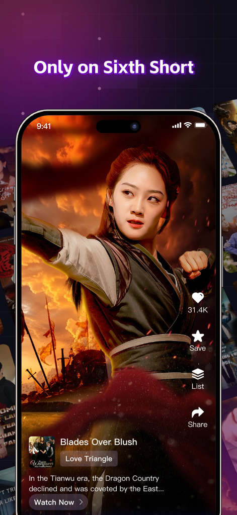 SixthShort - Stream Drama & TV - Une femme en tenue de guerrière historique présentée dans un mini-drame sur l'application mobile SixthShort.