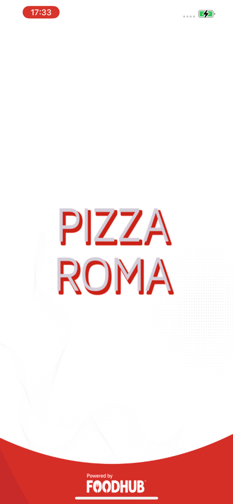 Pizza Roma. - Pizza Roma 모바일 앱 시작 화면에 로고와 Foodhub 브랜드 로고가 표시되어 있습니다.
