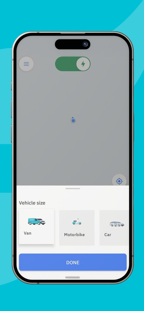 FastDrop Driver - FastDrop Driver app screen for selecting vehicle size including van motorbike and car