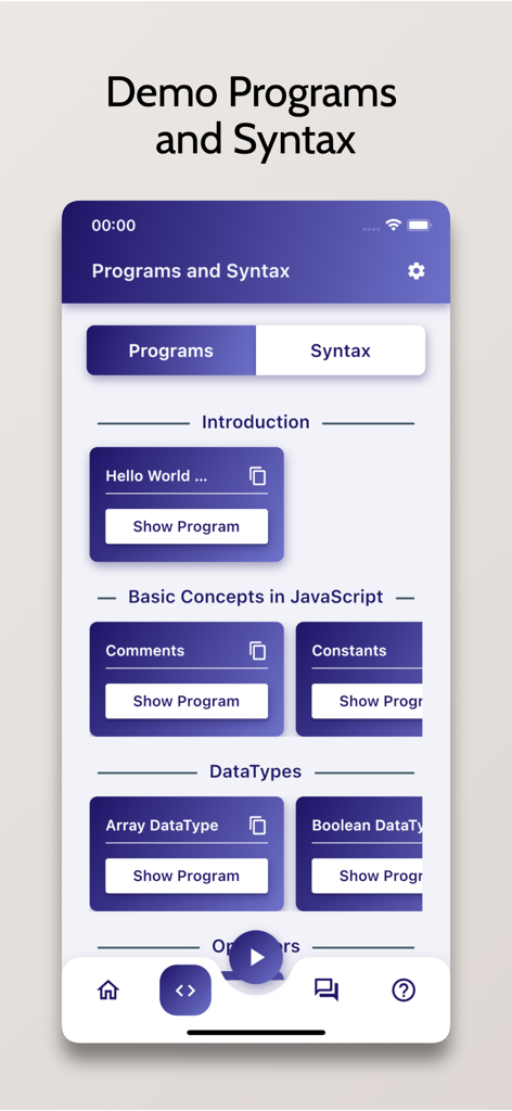 Learn JavaScript - OnePercent - Interface of the OnePercent JavaScript app displaying demo programs and syntax categories like introduction and basic concepts