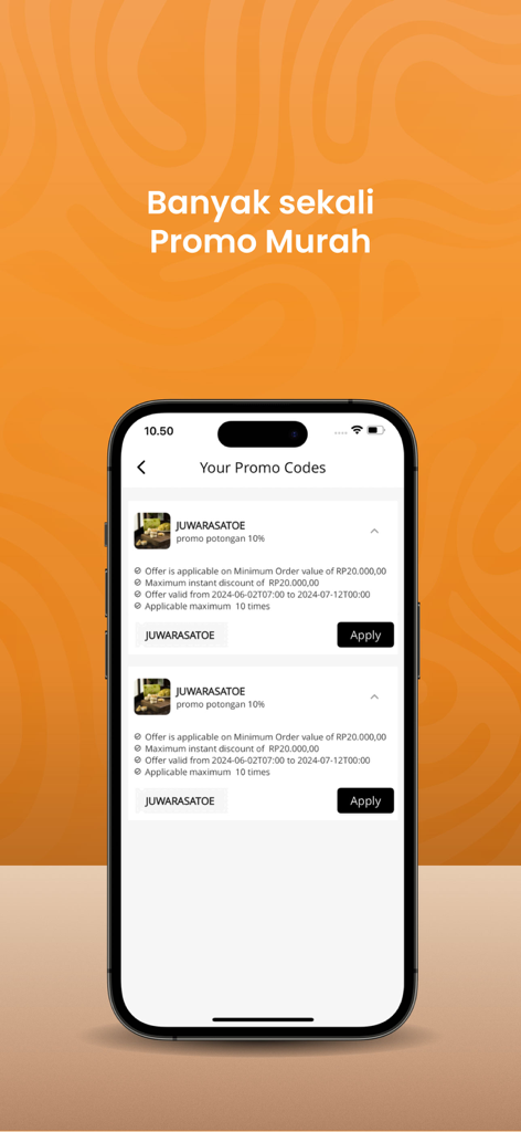 The PIA JUWARA SATOE app screen showing available promo codes for a ten percent discount on bakpia orders.