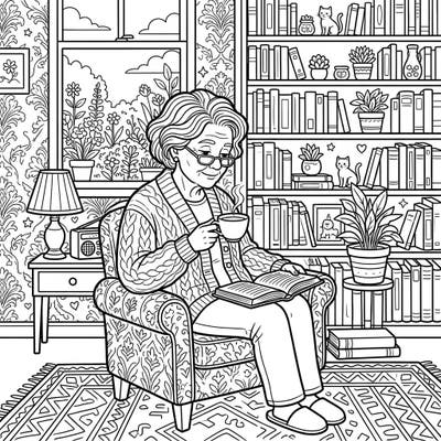 Immerse yourself in this heartwarming coloring page featuring an elderly woman enjoying a quiet moment of reading in her cozy armchair. This intricate design offers a peaceful escape, perfect for those who cherish quiet contemplation and detailed scenes.