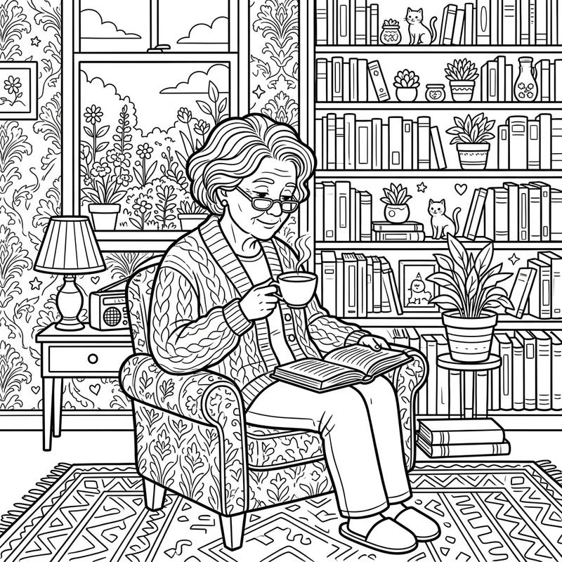 Immerse yourself in this heartwarming coloring page featuring an elderly woman enjoying a quiet moment of reading in her cozy armchair. This intricate design offers a peaceful escape, perfect for those who cherish quiet contemplation and detailed scenes.