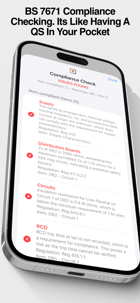 iCertifi - iCertifi app screen showing electrical compliance check issues for BS 7671 standards