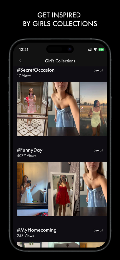 Lucy in the Sky Store - Lucy in the Sky app interface showing outfit inspiration videos from the community