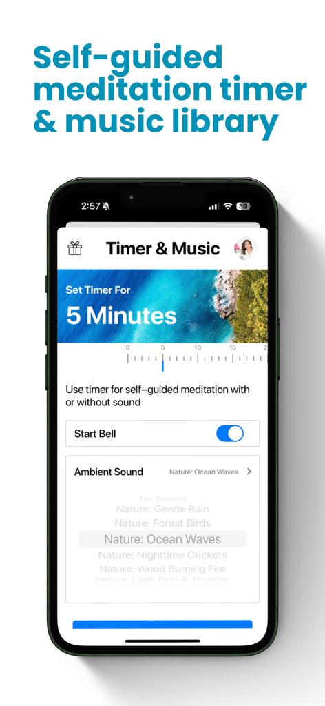 Unplug: Meditation - Interface of the Unplug app showing a self-guided meditation timer with ocean wave ambient sounds.
