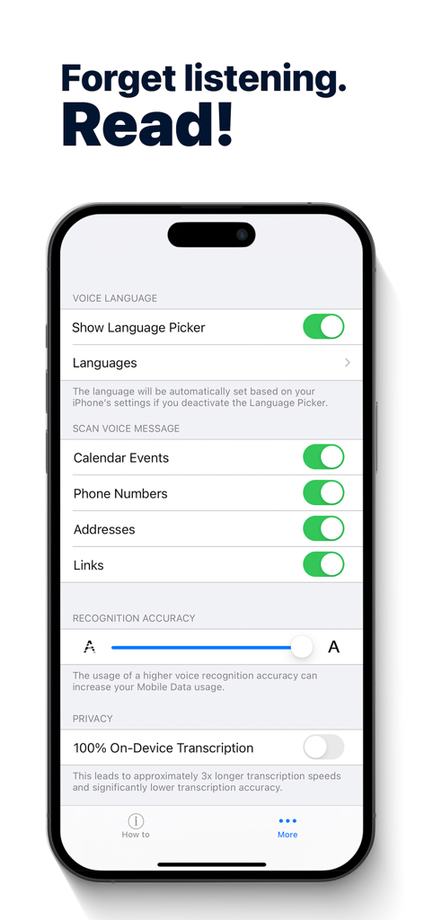 Pantalla de configuración de la aplicación Textify mostrando opciones de escaneo de mensajes de voz y precisión de reconocimiento.