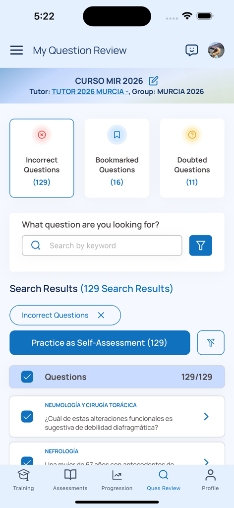 Interface de l'application Healthcademia montrant l'écran de révision des questions avec des catégories pour les questions médicales incorrectes, marquées et douteuses