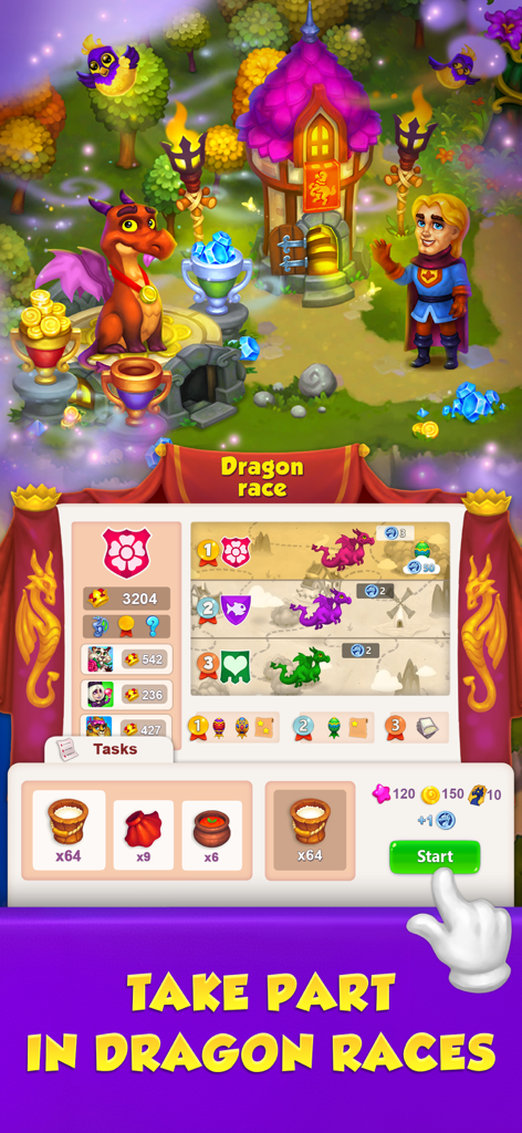 Royal Farm - Royal Farm game screenshot showing the Dragon Race guild competition interface with task lists and progress maps.