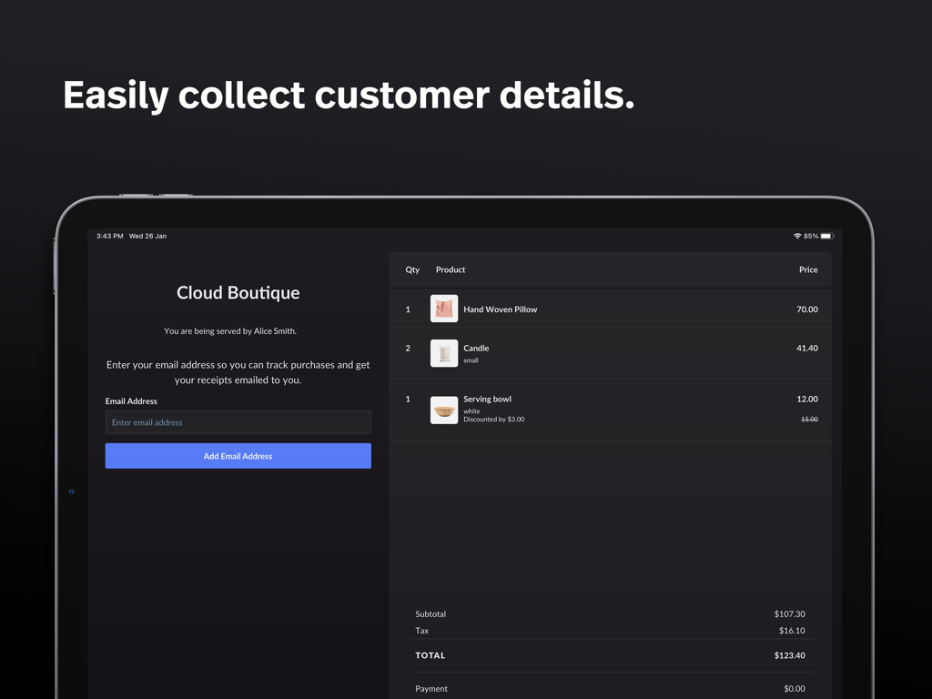 Lightspeed Display (X) - Lightspeed Display app showing a customer facing iPad screen with email collection form and retail transaction summary