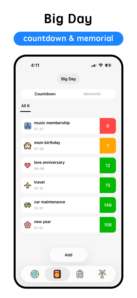 Kummy - Planner & Calendar - Kummy app interface displaying a list of countdown events like birthdays and anniversaries with colorful icons.