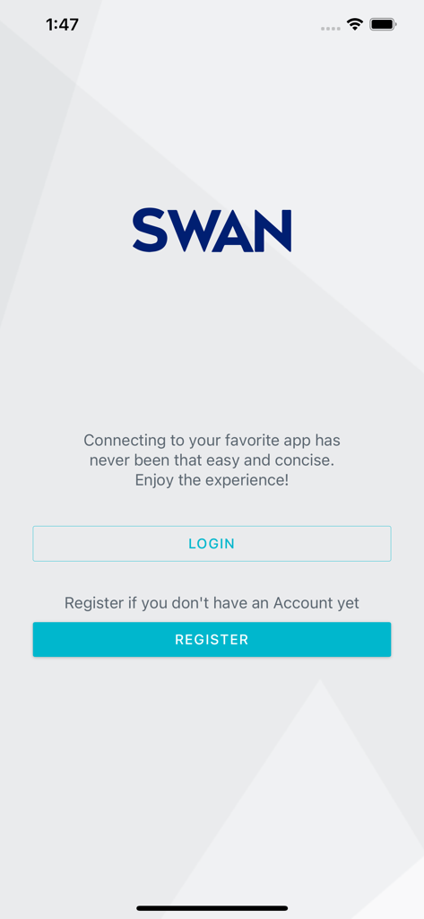 mySWAN mobile app welcome screen with login and register options