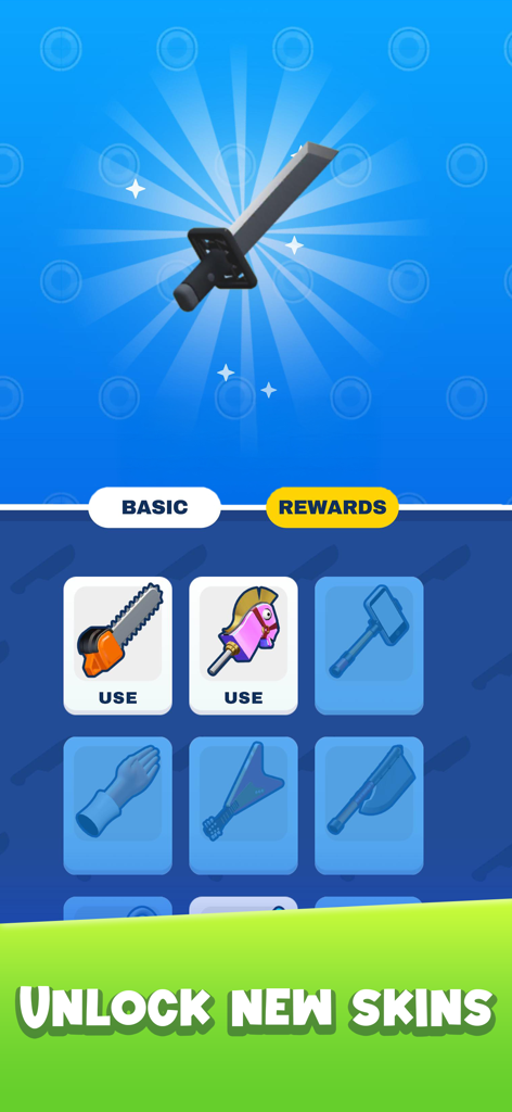 Slice It All game screen showing various unlockable skins including a chainsaw and a guitar