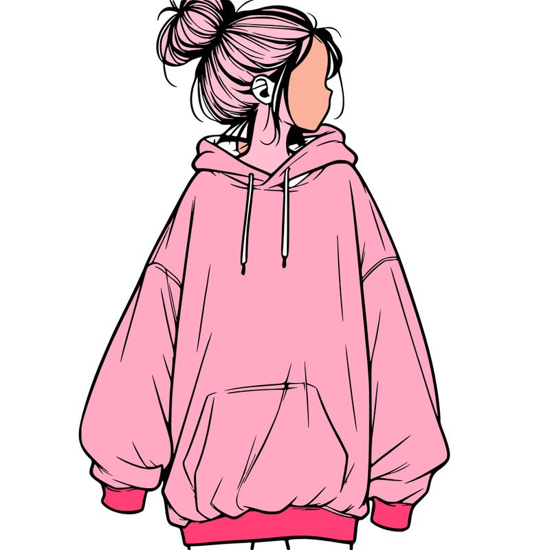 realistic girl with a oversized sweatshirt on and a bun