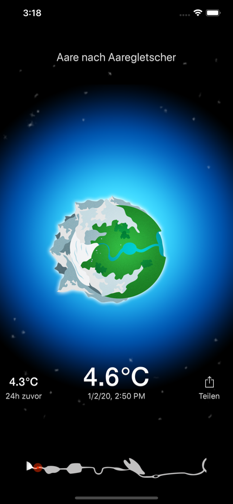 Aare - Aare App-Oberfläche, die 4,6 Grad Celsius Wassertemperatur für den Aaregletscher anzeigt