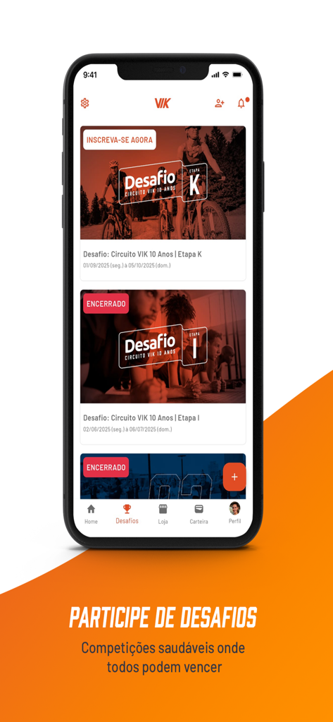 VIK - Smartphone screen showing the VIK app fitness challenges interface with active and completed healthy competitions