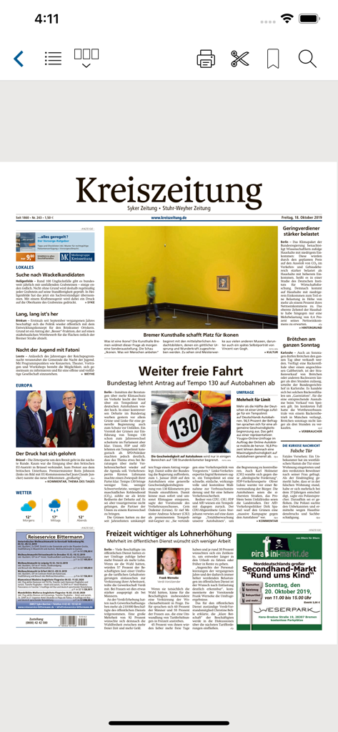 MK elona - Digitale Zeitungsansicht der MK elona App zeigt die Titelseite der Kreiszeitung an