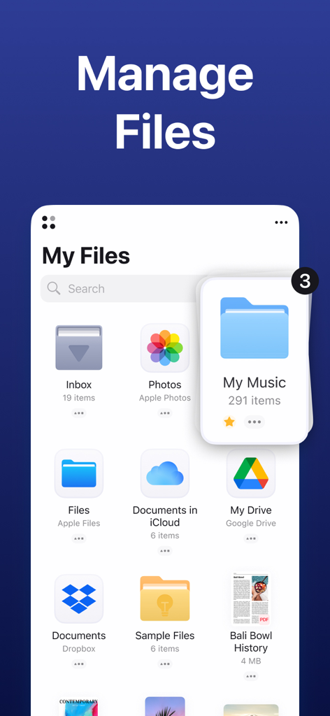 Interface of the Documents by Readdle app displaying various file folders and cloud storage integrations like Google Drive and Dropbox.