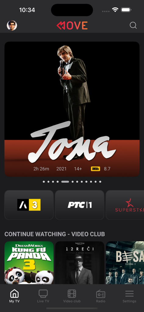 MOVE TV - Startbildschirm der MOVE TV App mit Balkan-Filmen und Live-TV-Kanälen