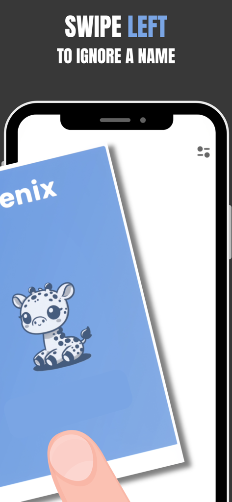 Babyname - Find Baby Name - Mobile app screen showing a swipe left gesture to ignore a baby name card with a giraffe illustration