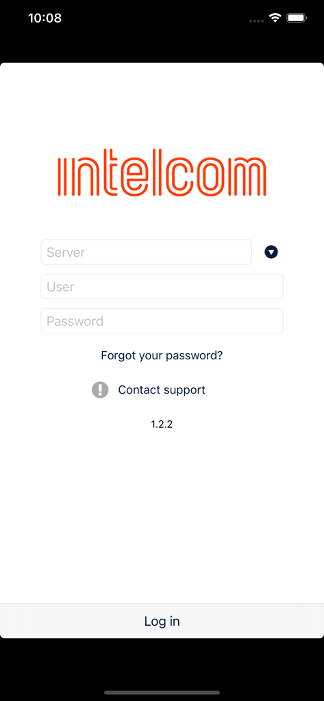 Anmeldebildschirm für die Intelcom Driver App mit Feldern für Serverbenutzer und Passwort