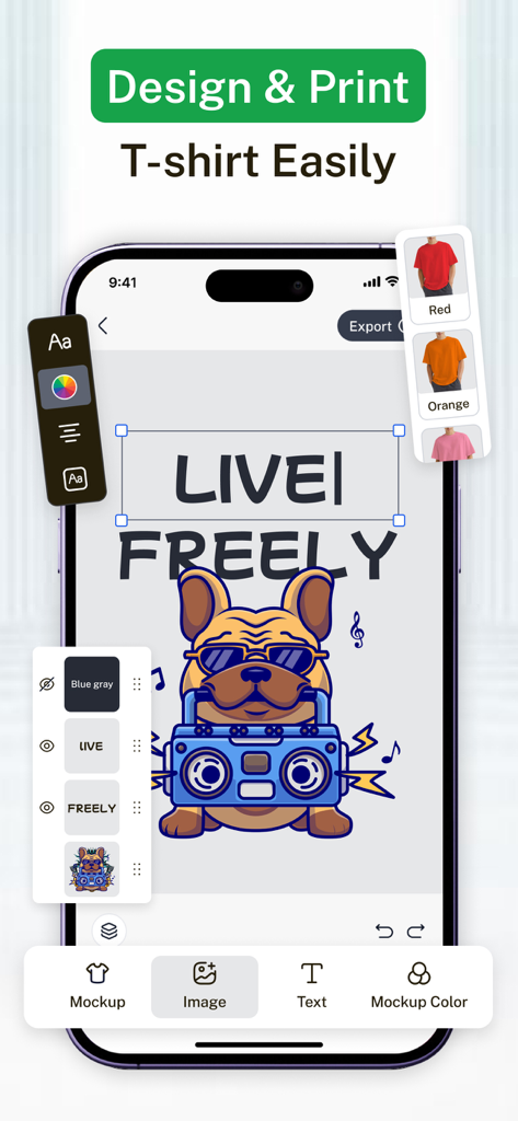 T Shirt Designer AI Design - 犬のイラストとテキスト編集ツールを備えたカスタムTシャツデザインが表示されたモバイルアプリのインターフェース