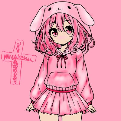 pretty anime girl wearing a fluffy hoodie with bunny ears on the hood and a skirt