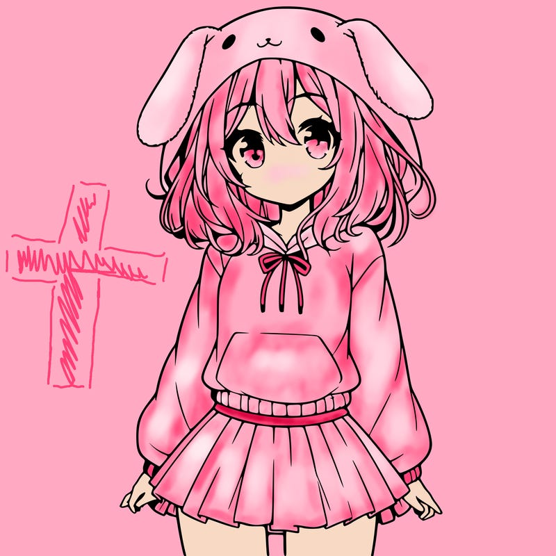 pretty anime girl wearing a fluffy hoodie with bunny ears on the hood and a skirt