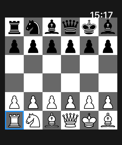Mini Chess for Watch - A 6x6 chess board interface on a smartwatch screen showing the starting position.