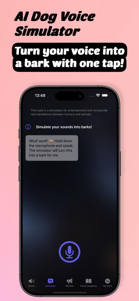 Dog to Human - Pawlo - A mobile app screen for the Pawlo AI dog voice simulator feature showing a microphone icon and instructions to turn human voice into a bark.