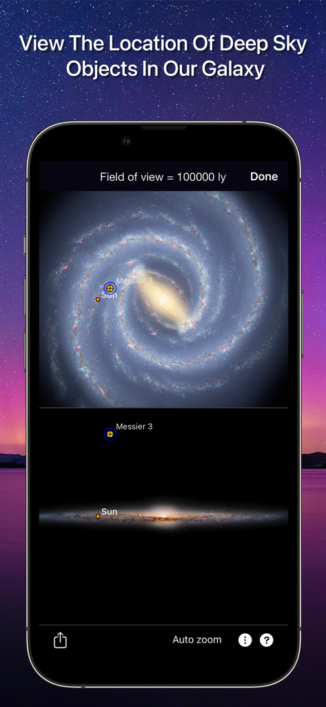 A 3D visualization of the Milky Way galaxy showing the relative locations of the Sun and Messier 3 in the SkySafari app.