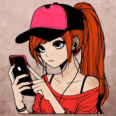 realistic girl with a long ponytail and trucker hat holding an iphone