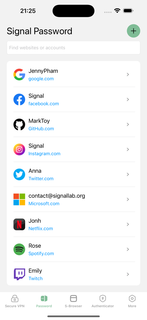 The password manager screen of the Secure VPN app showing a list of saved accounts for various websites.