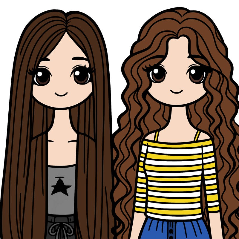two girls with long straight hair and one with curls