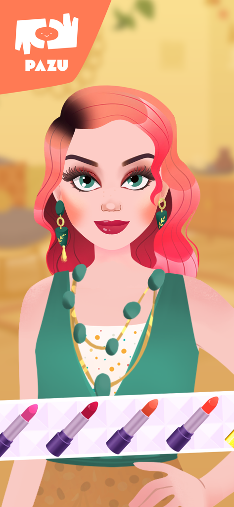 Personagem com cabelo rosa e acessórios verdes nos Jogos de Salão de Maquiagem para Meninas com opções de batom