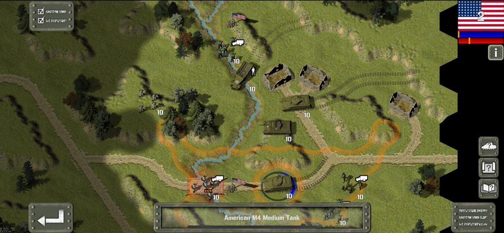 Tank Battle: 1944 - Taktische Karten-Gameplay von Tank Battle 1944, das einen amerikanischen M4-Panzer und Militäreinheiten auf einem Schlachtfeld zeigt