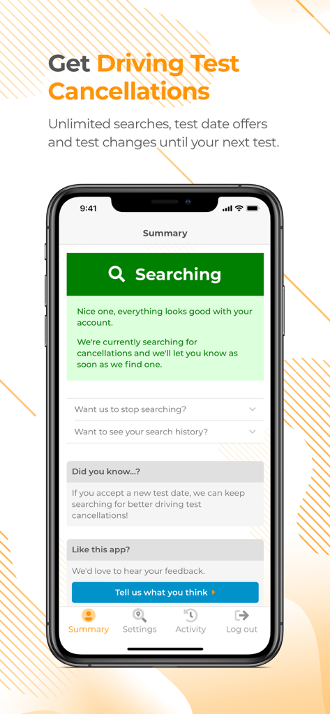 Summary screen of the Driving Test Cancellations app showing an active search for earlier test dates.