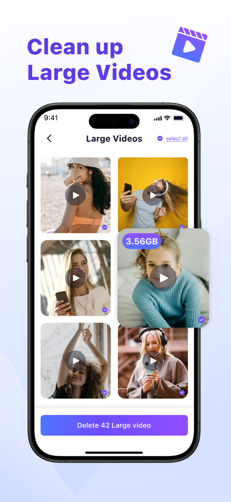 Photo Clean up:phone cleaner - Capture d'écran de l'application Nettoyage Photo montrant la fonctionnalité pour identifier et supprimer les fichiers vidéo volumineux afin de libérer le stockage du téléphone