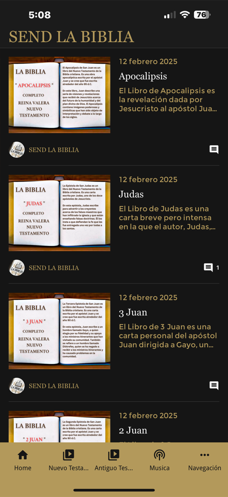 SEND LA BIBLIA - The Send La Biblia app interface displaying a list of New Testament books like Apocalipsis and Judas with summaries in Spanish.