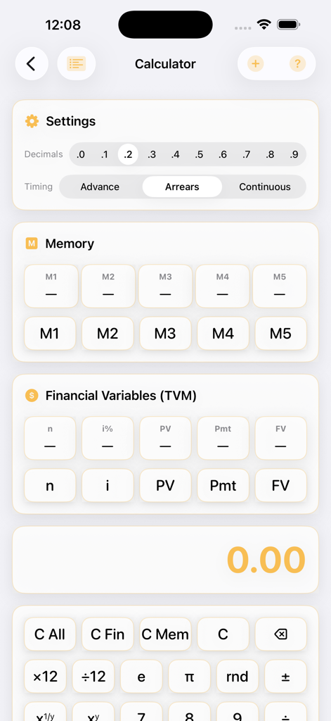 FinCalc financial calculator interface with TVM variables and settings