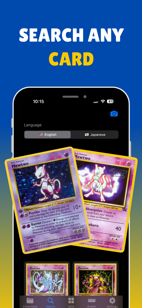 TCG - Card Scanner for Pokémon - Search screen of a Pokemon card scanner app featuring multiple Mewtwo cards