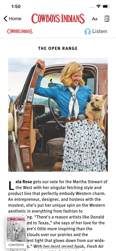 Screenshot of the Cowboys and Indians Magazine app displaying a lifestyle article titled The Open Range featuring a woman in Western fashion