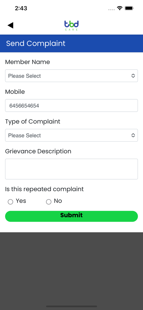 TBD Care App - Interface of the TBD Care app showing a form to send a medical complaint or grievance.