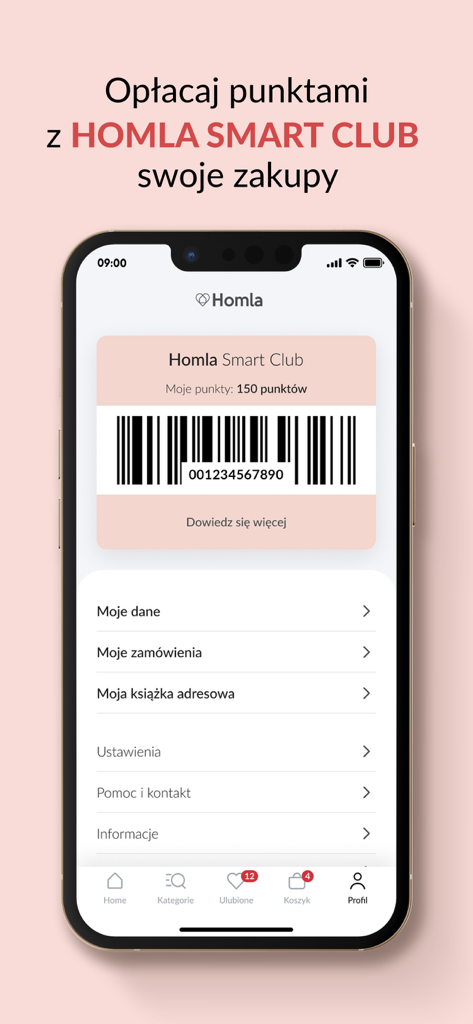 Homla - Homla app screen showing the Smart Club loyalty card with a barcode and points balance