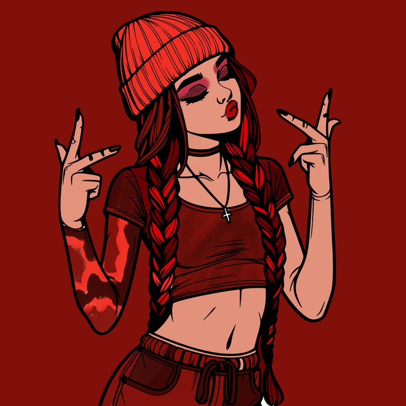 realistic teenage girl with braids and a beanie and crop top doing 🫶🏼