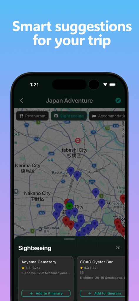 RoamR: AI Itinerary Organizer - RoamR app map interface showing sightseeing suggestions for a trip to Japan
